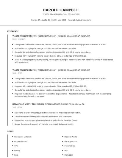 Waste Transportation Technician Resume