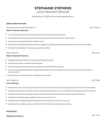 Waste Treatment Operator Resume