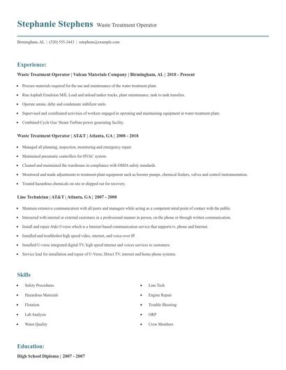 Waste Treatment Operator Resume