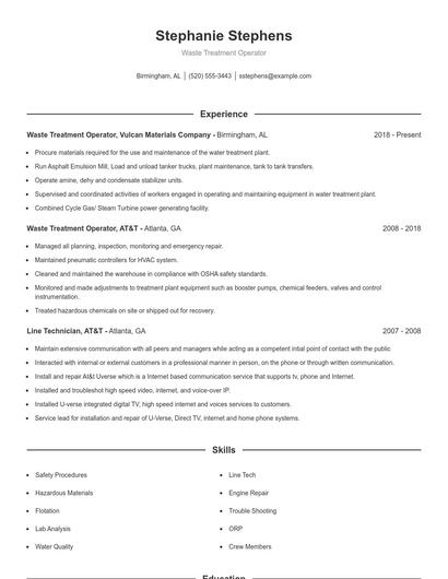 Waste Treatment Operator Resume