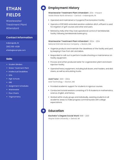 Wastewater Treatment Plant Attendant Resume