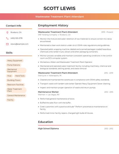 Wastewater Treatment Plant Attendant Resume
