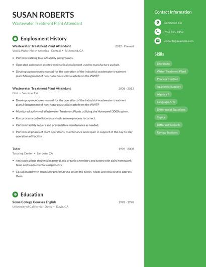 Wastewater Treatment Plant Attendant Resume