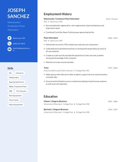Wastewater Treatment Plant Attendant Resume