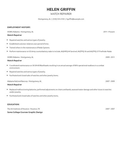 Watch Repairer Resume