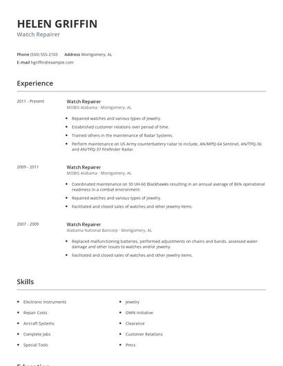 Watch Repairer Resume