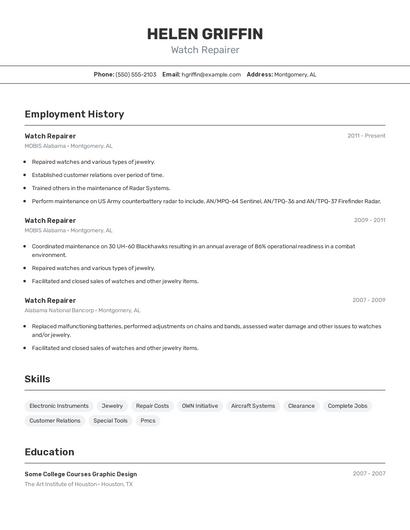 Watch Repairer Resume