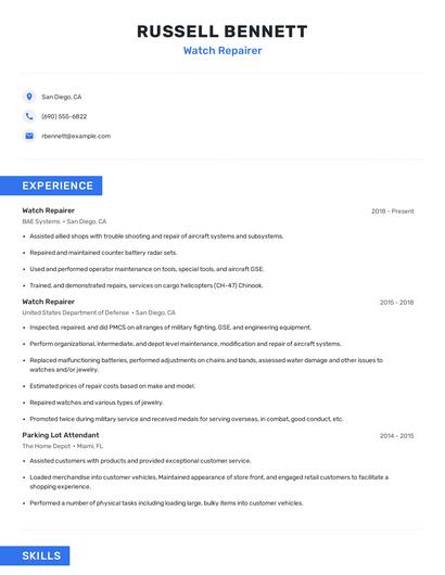 Watch Repairer Resume