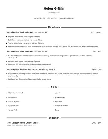 Watch Repairer Resume