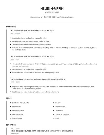 Watch Repairer Resume