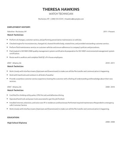 Watch Technician Resume
