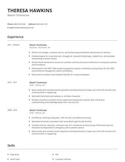 Watch Technician Resume