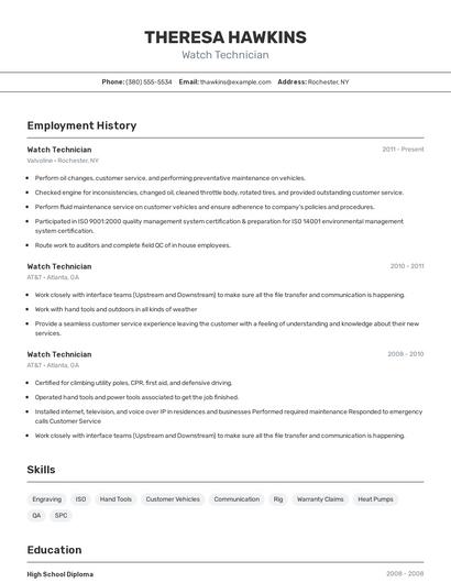 Watch Technician Resume