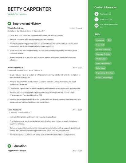Watch Technician Resume