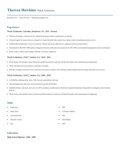 Watch Technician Resume