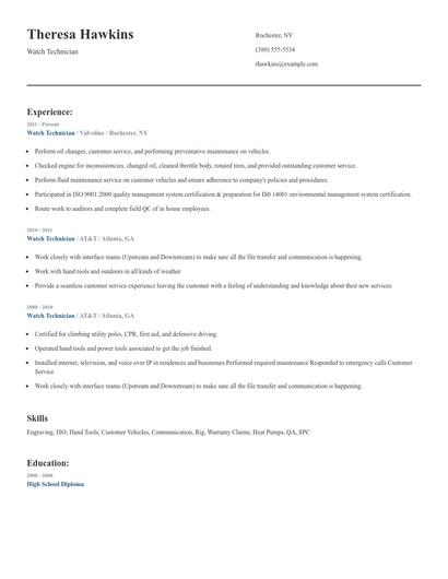 Watch Technician Resume