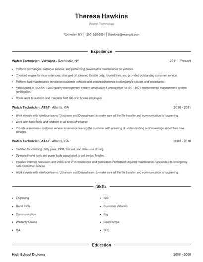 Watch Technician Resume