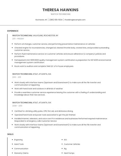 Watch Technician Resume