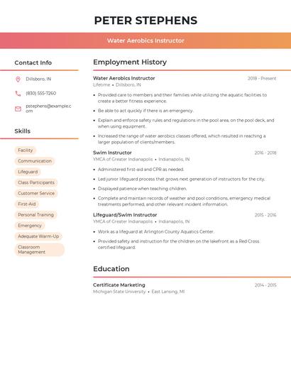 Water Aerobics Instructor Resume