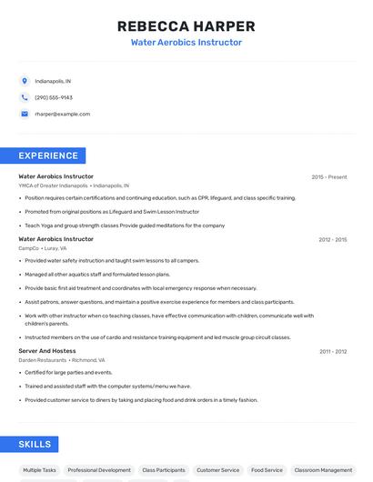 Water Aerobics Instructor Resume