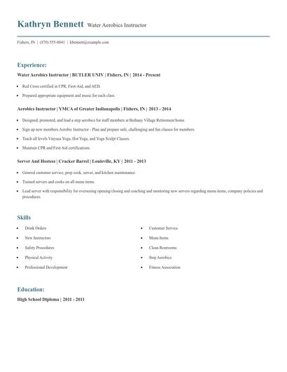 Water Aerobics Instructor Resume