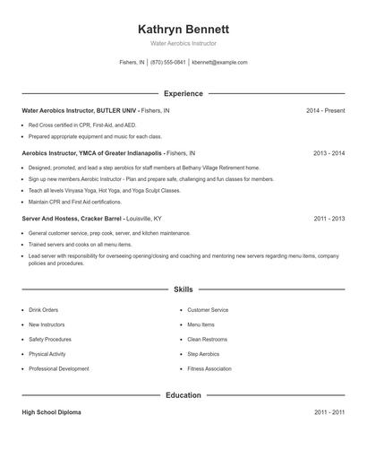 Water Aerobics Instructor Resume