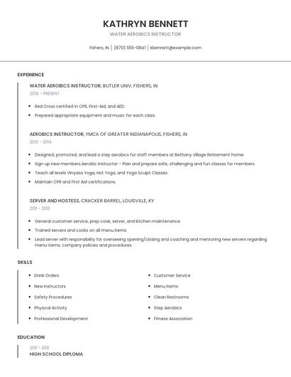 Water Aerobics Instructor Resume