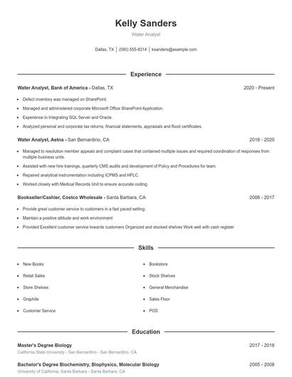 Water Analyst Resume