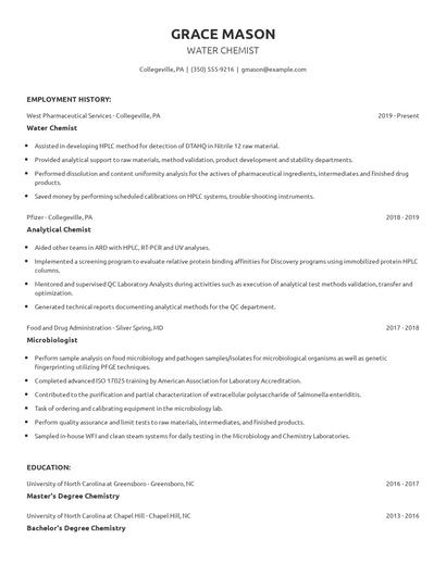 Water Chemist Resume
