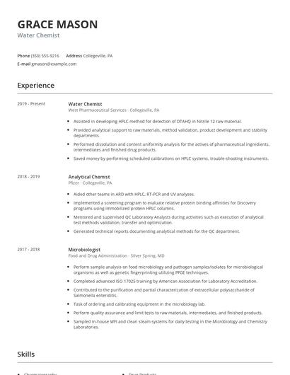 Water Chemist Resume
