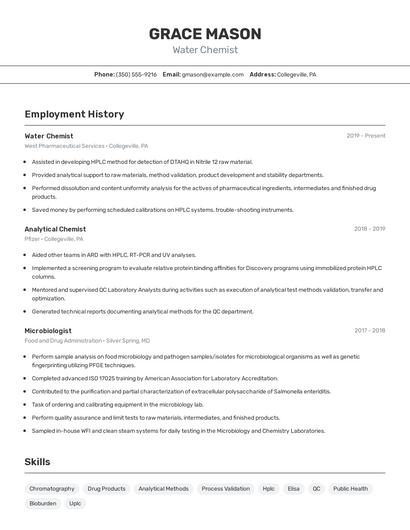 Water Chemist Resume
