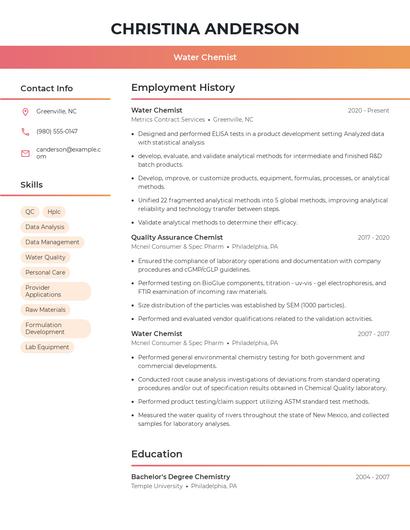 Water Chemist Resume