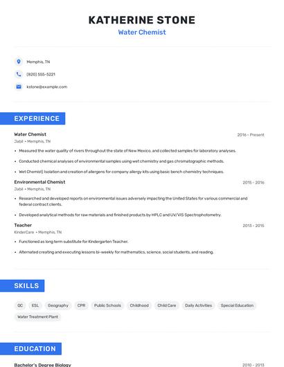 Water Chemist Resume