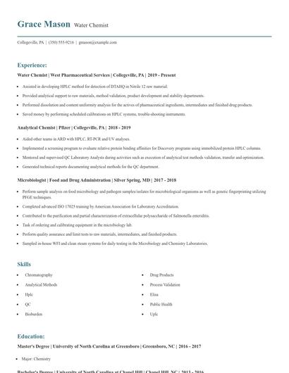Water Chemist Resume