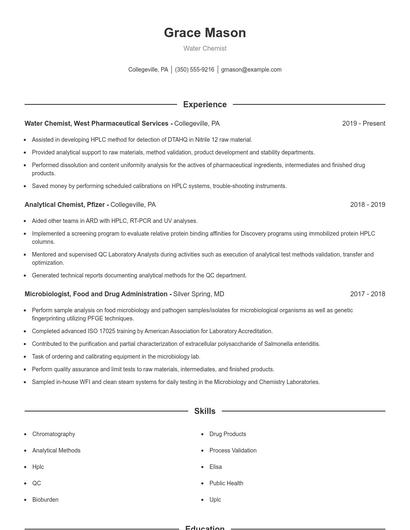 Water Chemist Resume