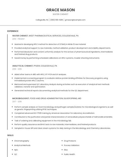 Water Chemist Resume