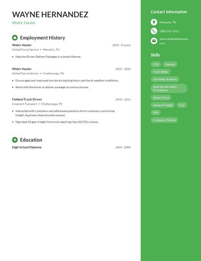 Water Hauler Resume