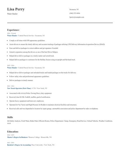 Water Hauler Resume