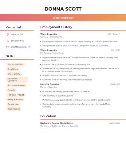 Water Inspector Resume