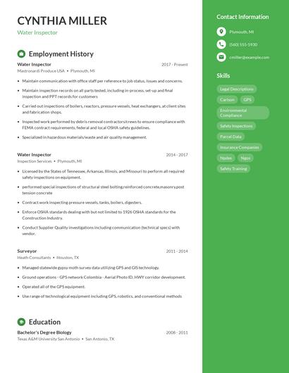 Water Inspector Resume