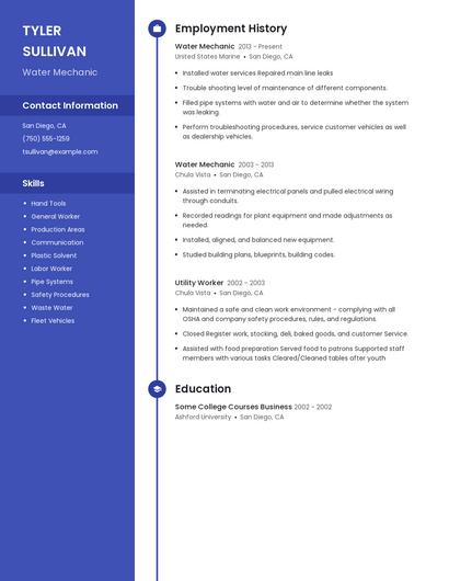 Water Mechanic Resume