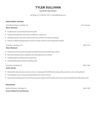 Water Mechanic Resume