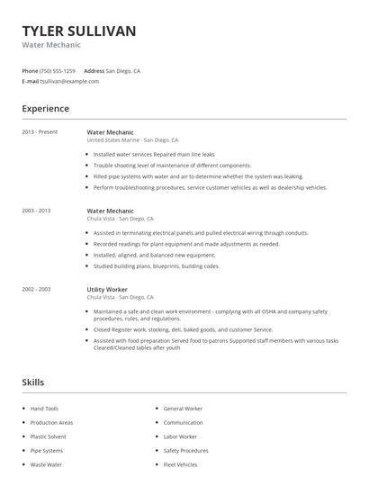 Water Mechanic Resume