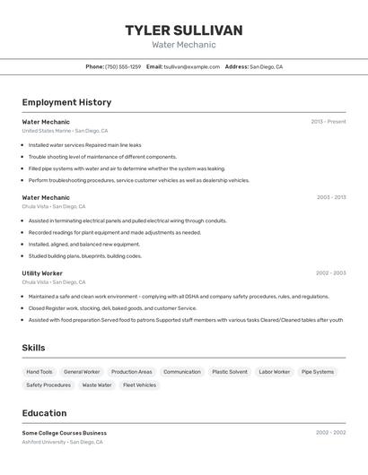 Water Mechanic Resume