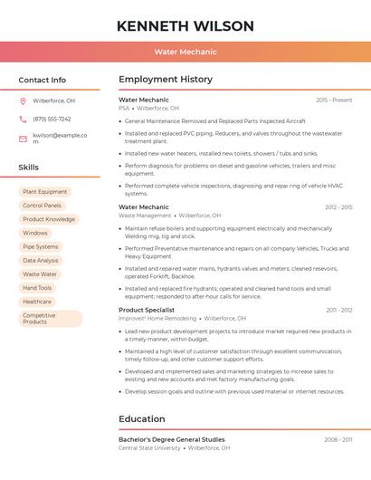 Water Mechanic Resume