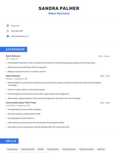 Water Mechanic Resume