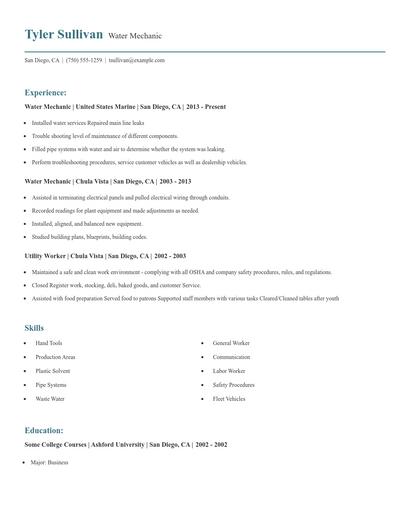 Water Mechanic Resume
