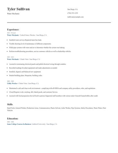 Water Mechanic Resume