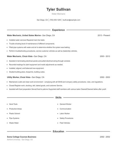 Water Mechanic Resume