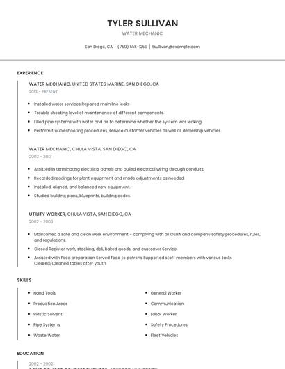 Water Mechanic Resume